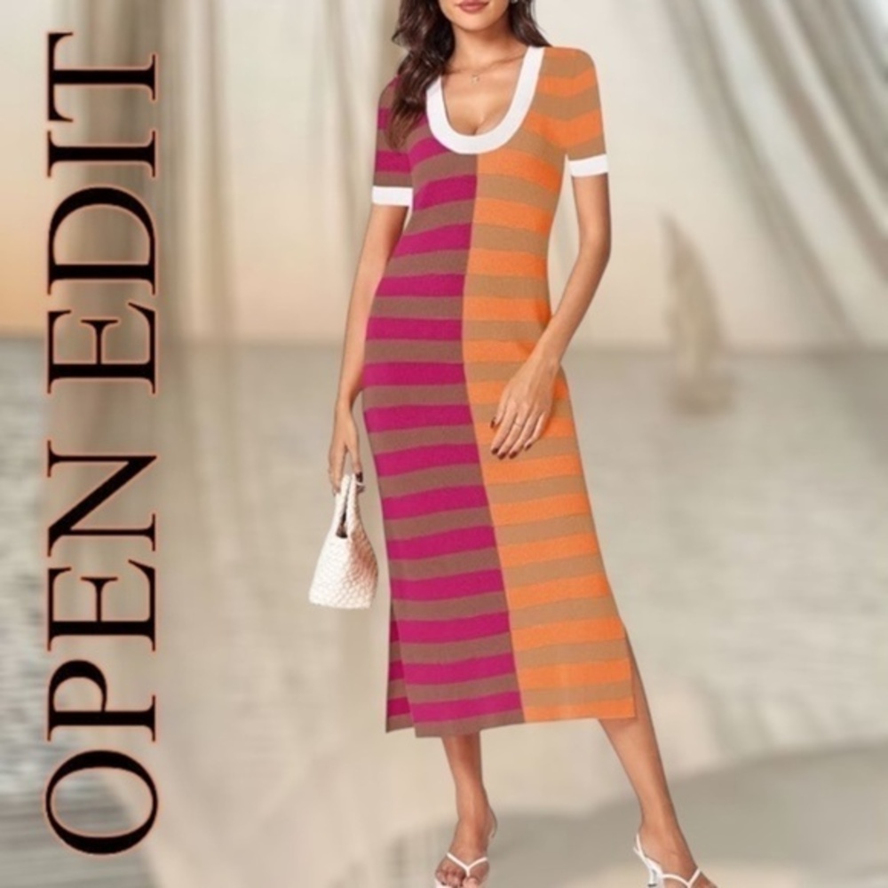 OPEN EDIT Striped ColorBlock Short Sleeve Scoop Neck Sweater Midi Dress NWT/MD - Picture 1 of 14
